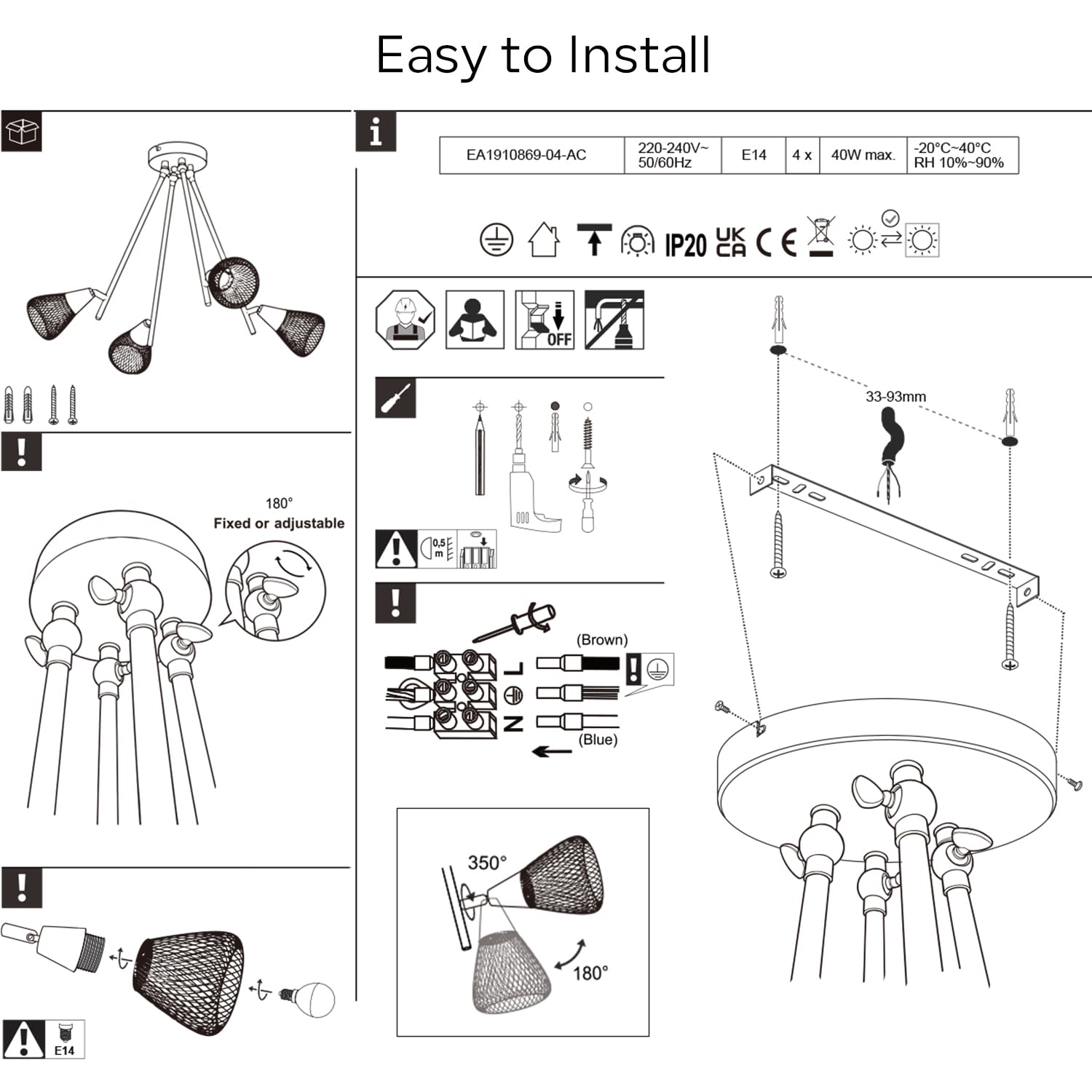 ANWIO Lámpara de Techo Negra con 4 Focos E14 Giratorios, Proyecto DIY de Iluminación para Personalizar tu Hogar, Ideal para Dormitorio, Pasillo o Cocina (Sin Bombillas)