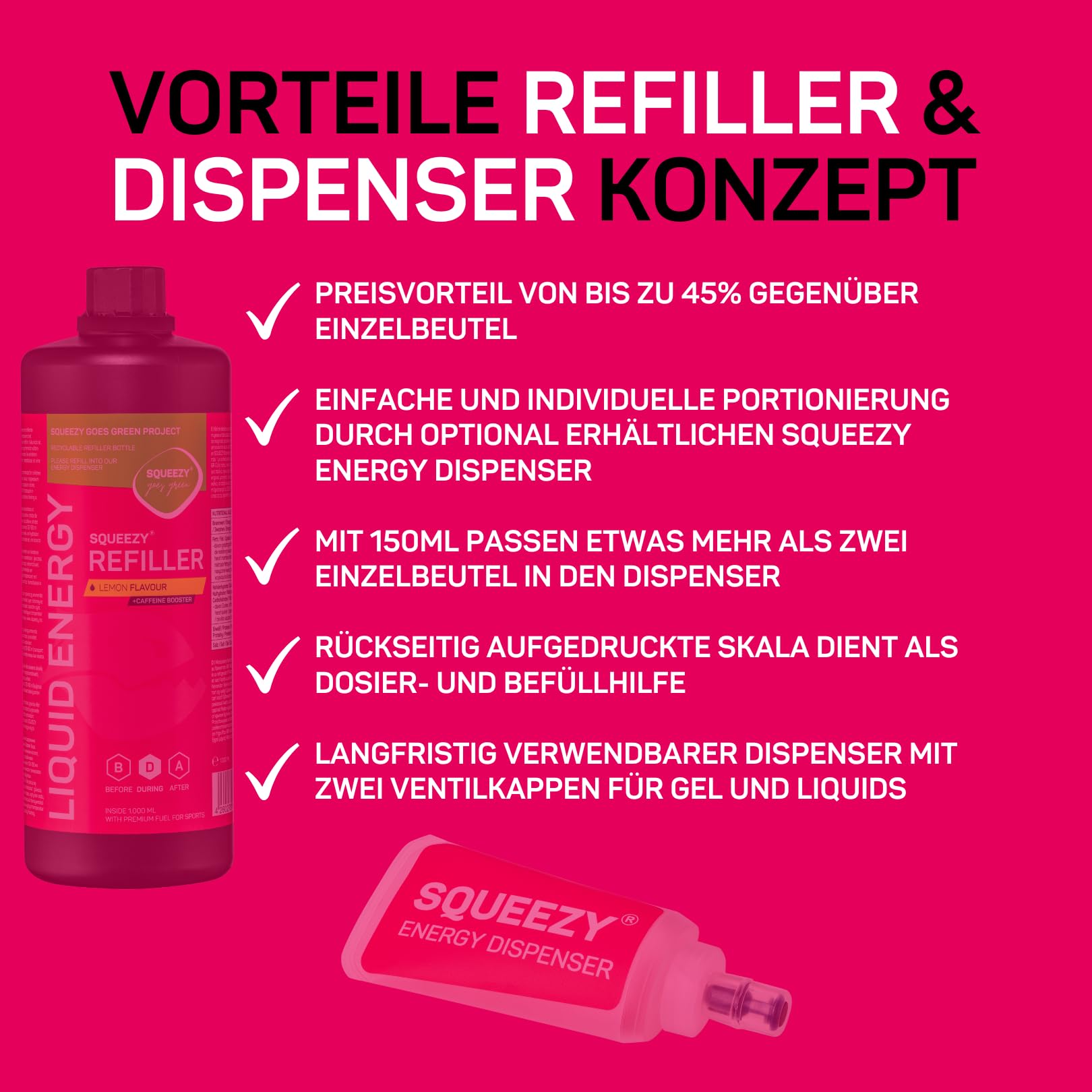 Squeezy Liquid Energy Refiller (Zitrone+Koffein) 1000 ml - Sport Energy Gel mit erhöhtem Wasseranteil für schnelle & dauerhafte Energie bei maximaler Verträglichkeit - ohne Nachtrinken