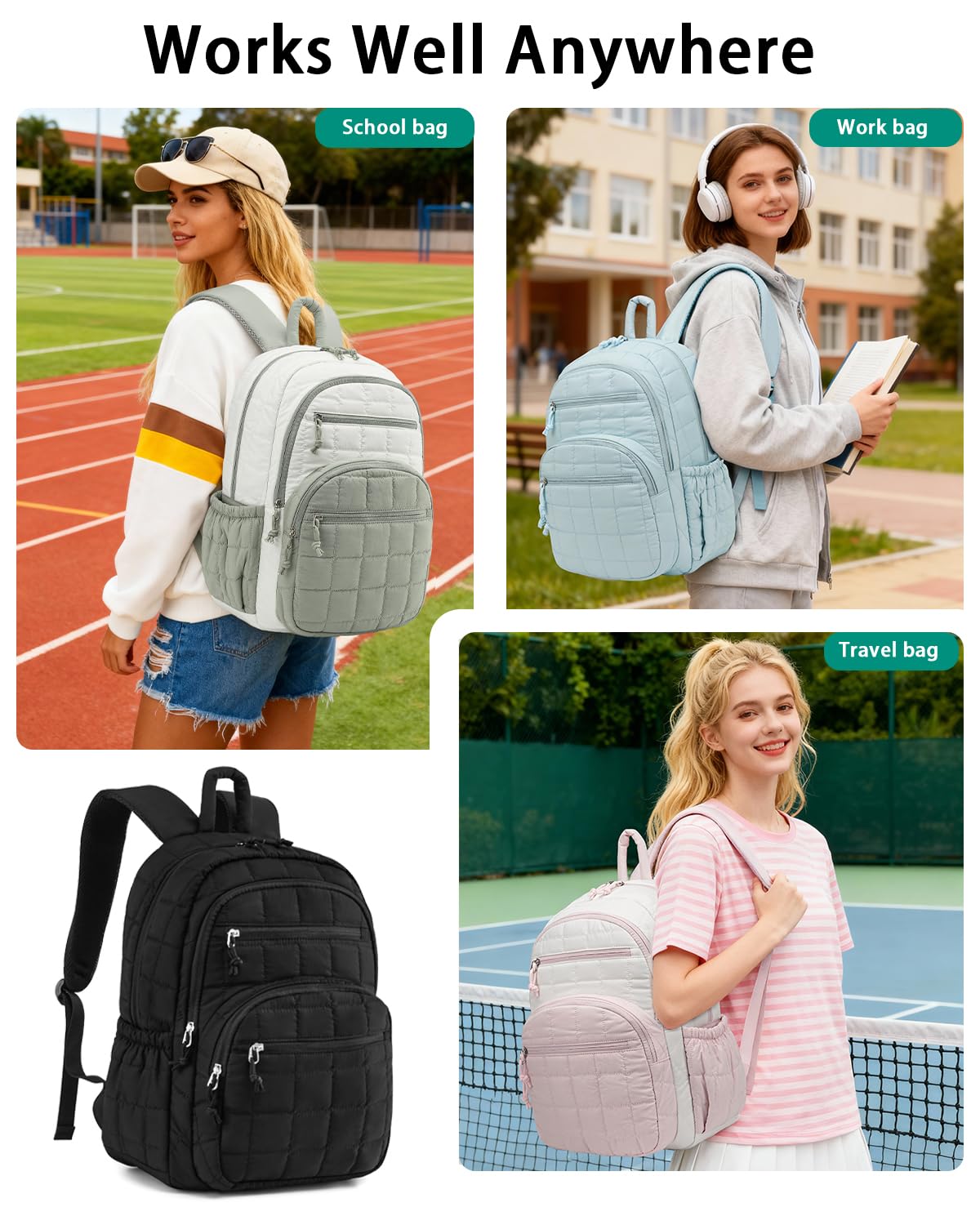 Bookbag for Women, Teen Girls Backpack for High School College Student, Puffer Quilted Back Pack Cute Laptop Backpack for Work Travel Mom Casual Daypack, Black