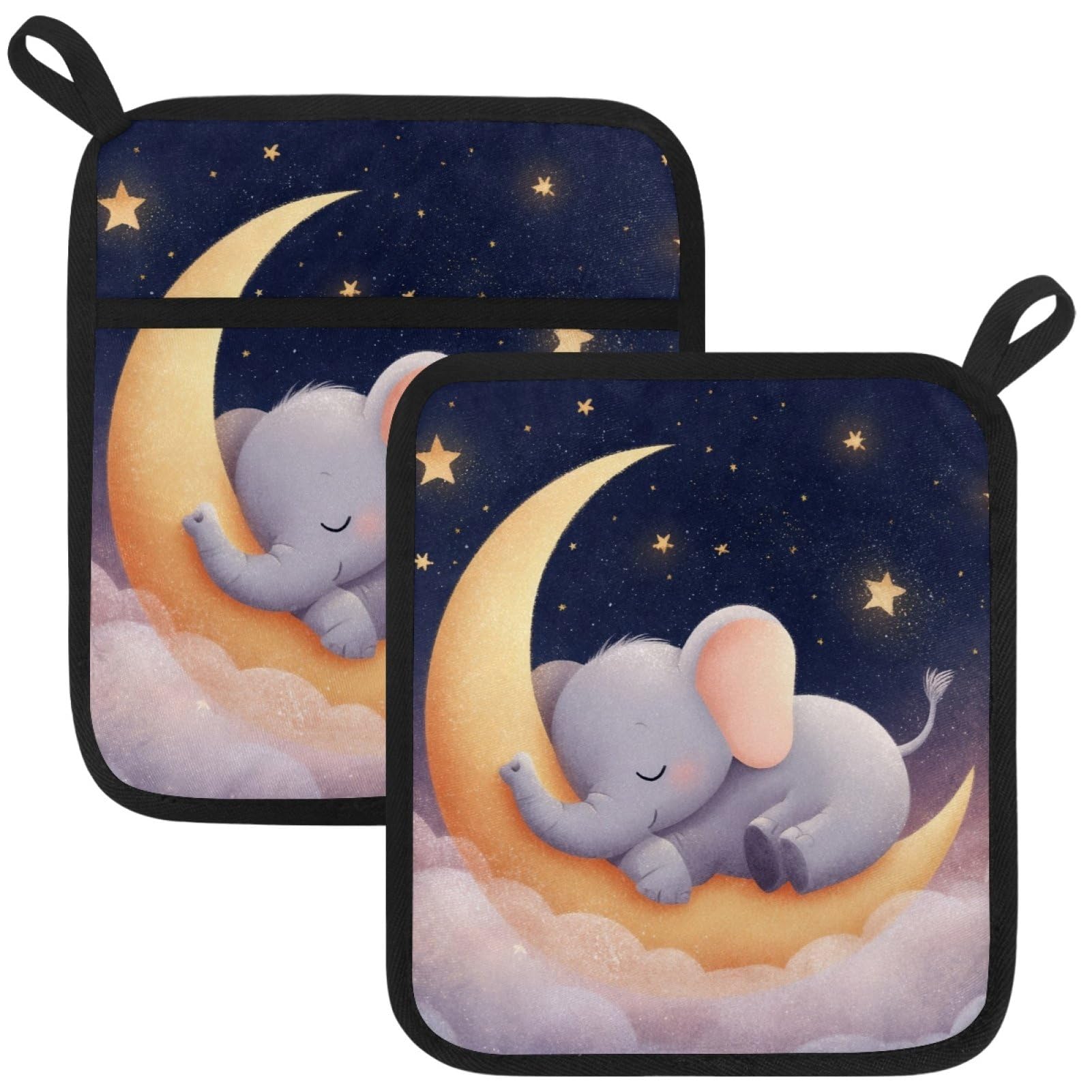 VAPOKF Elephant Moon Heat Resistant Pot Holders, Thick Pot Holders Pad with Hanging Loop for Kitchen, Oven Cloth Pads for Kitchen Baking Microwave Oven