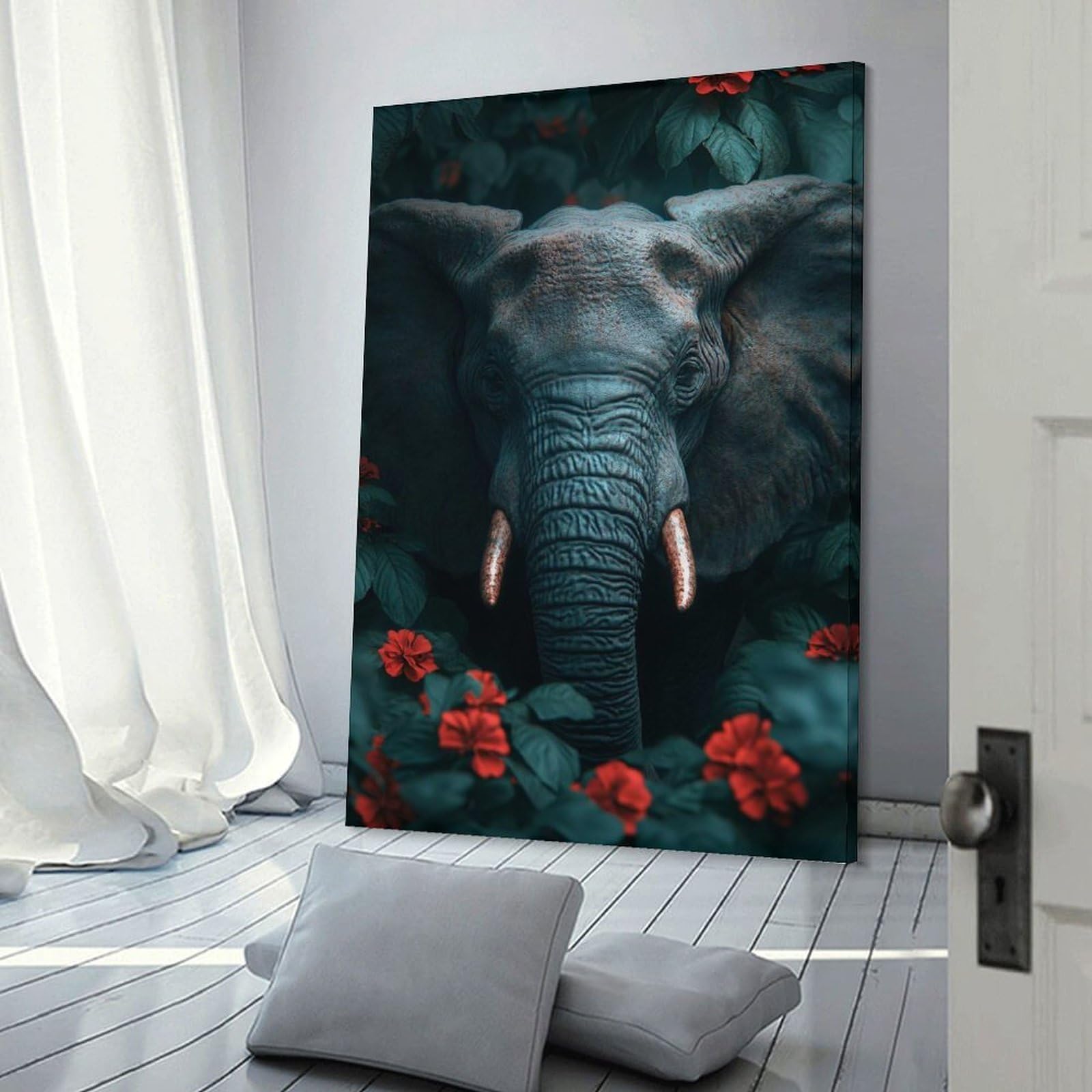 Junmoney Hanging Wall Art Elephant in Floral Jungle, 16x24inch(40x60cm), for Wall Displays, Bedrooms Or Room Updates, Decorative Artwork with Flexible Styling
