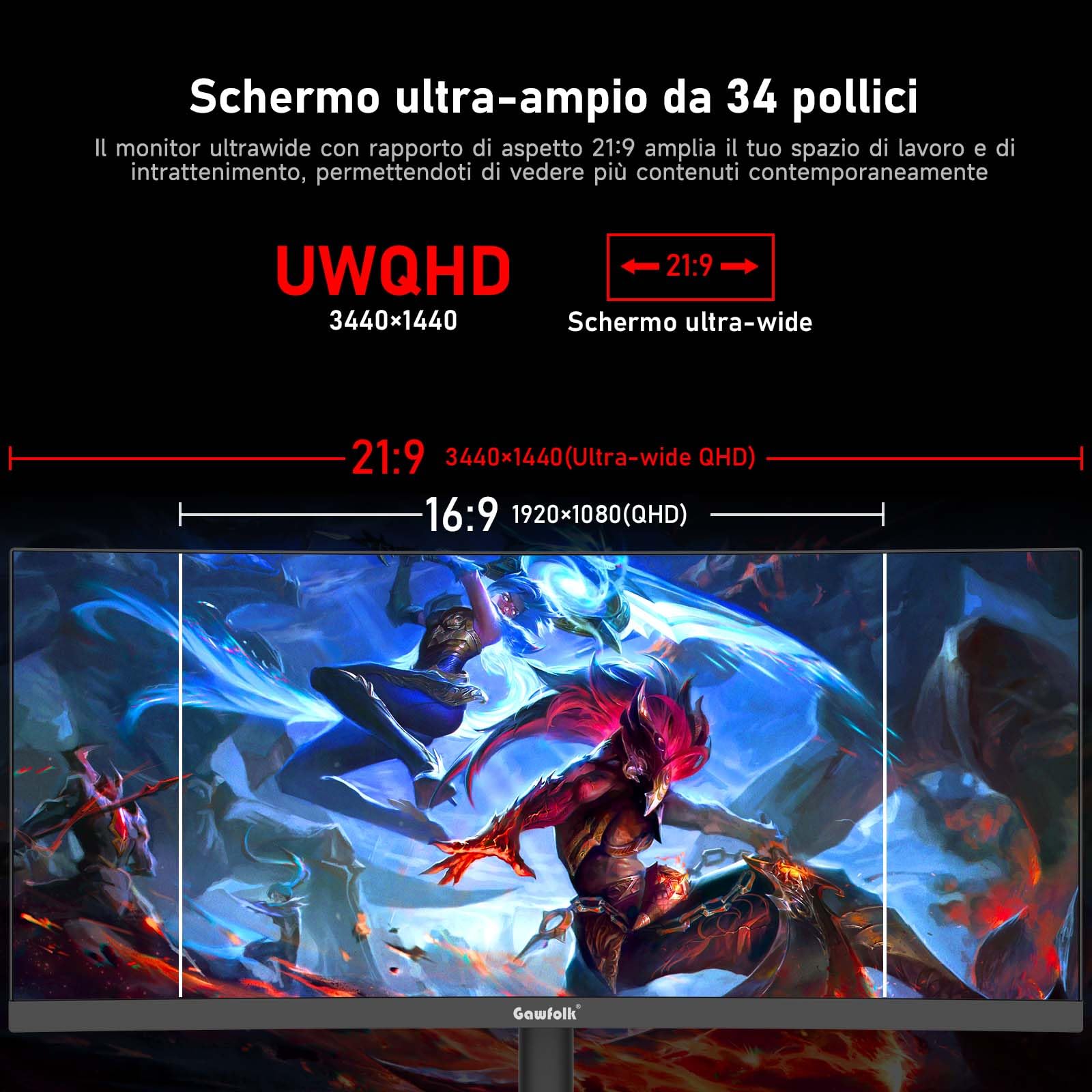 Gawfolk Monitor Gaming Curvo Ultrawide 34 Pollici 165Hz UWQHD 3440x1440 21:9 3800R 120% sRGB 1ms Adaptive Sync - Nero