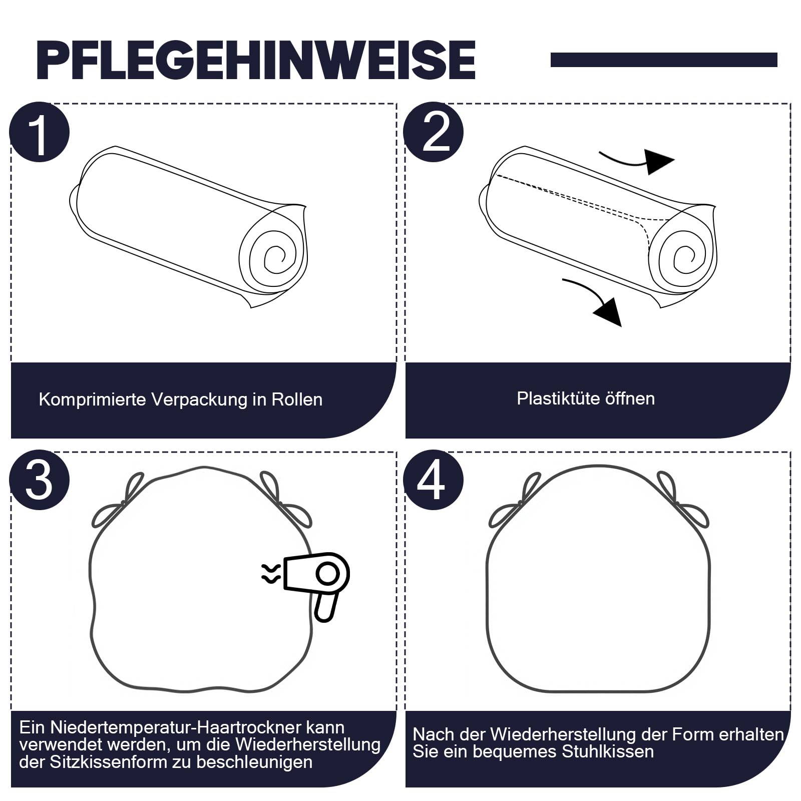 Stuhlkissen 50x50x5cm, 2er Set mit waschbarem Bezug, Navy