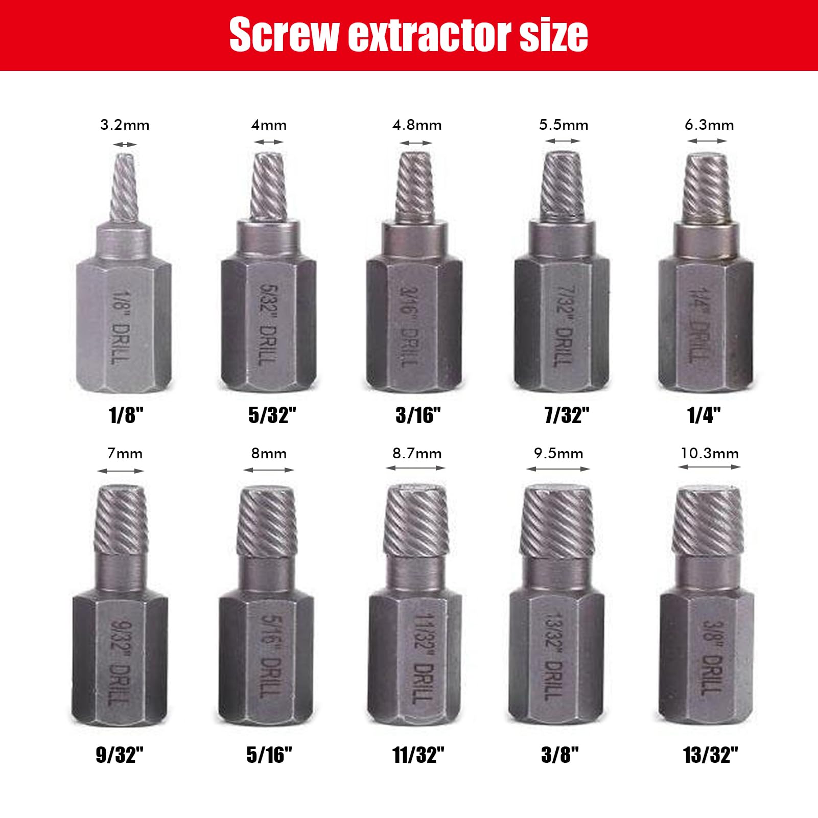 Set 10 Estrattori Viti Danneggiate - Per Viti Rotte O Arrugginite, Con Manico Esagonale - Foto 5