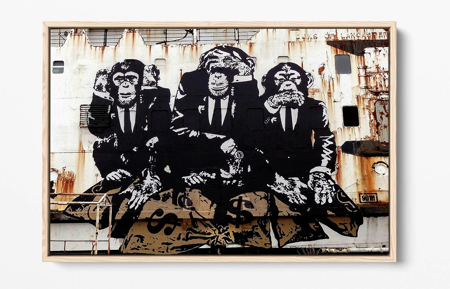 Canvasartshop Oak - Banksy Three Wise Monkeys- Float Effect Framed Canvas Wall Art Picture Print (, 30X20)