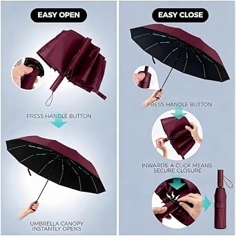 Compact Windproof Travel Umbrella, 12-Rib 3+2 Fiberglass Reinforced Frame, Auto Open & Close, Lightweight Portable Folding Umbrella, Waterproof Durable Umbrella for Daily Commute Outdoor Rain