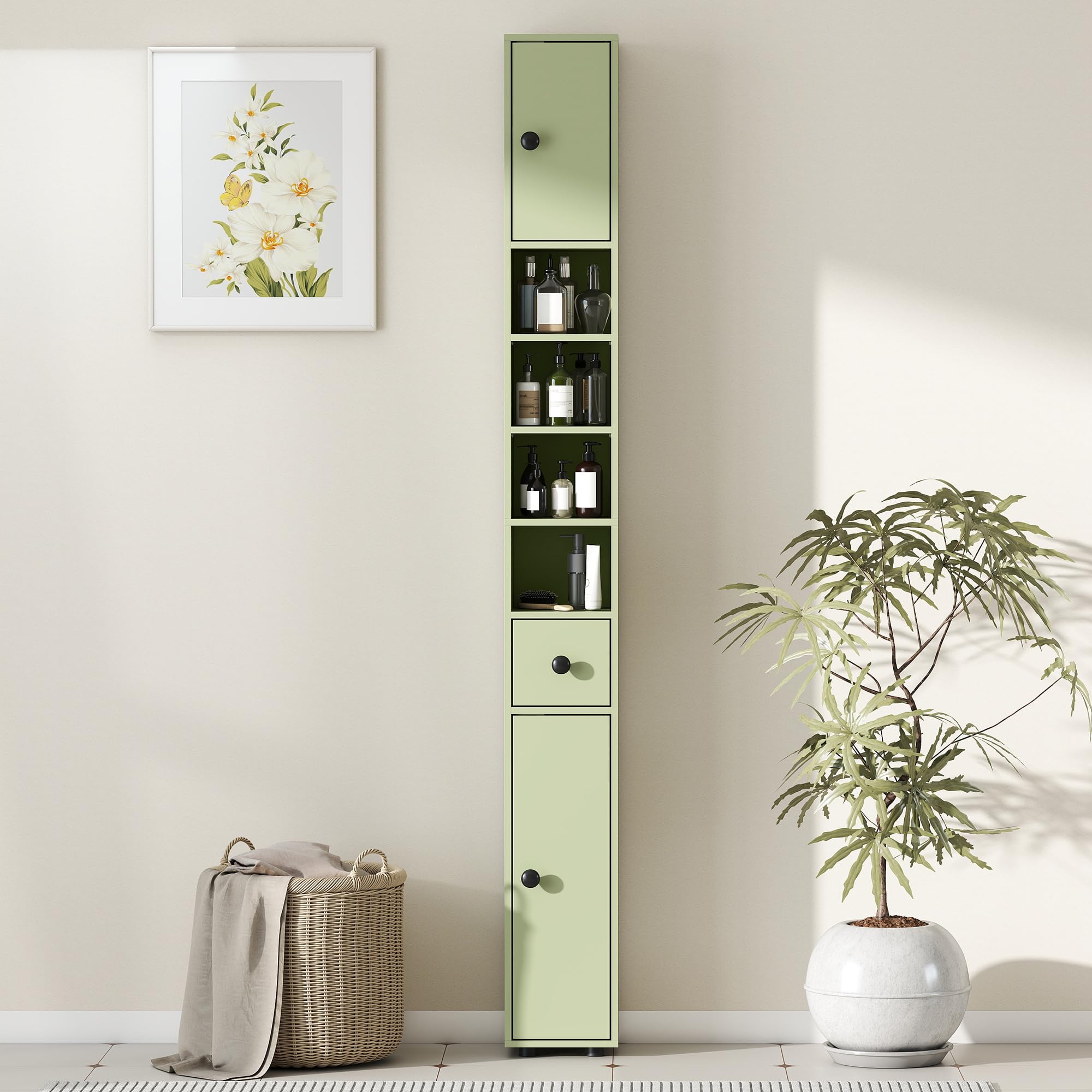 kleankin Armario de baño Alto 180cm, Delgado, 4 estantes Abiertos, Verde