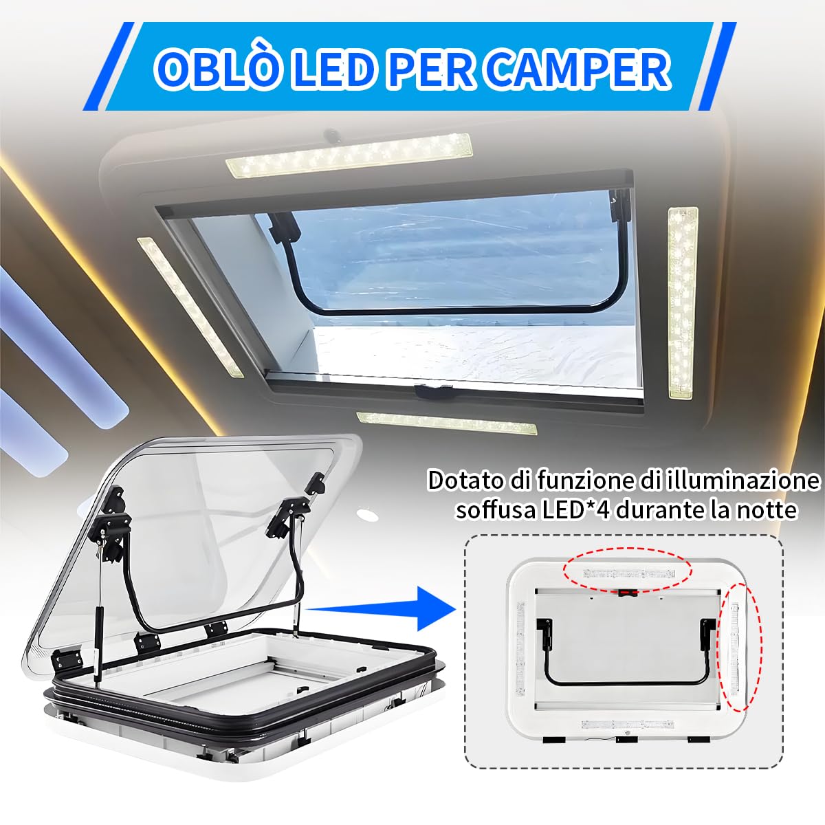 Oblò Tetto Camper Apribile, Lucernario 800x500mm con Luce LED, Ventilazione, Zanzariera e Tendina, Lega Alluminio per Roulotte e Food Truck
