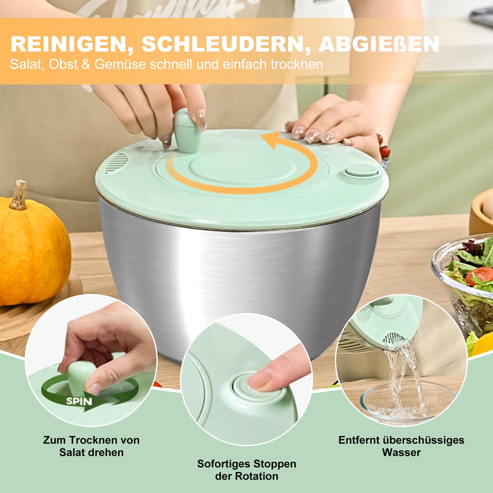 Souvik Centrifugadora de Lechuga 5L en Acero Inoxidable – Escurridor de Ensalada Grande con Tapa, Base Antideslizante, 6 Accesorios, Apta para Lavavajillas, Lavar y Escurrir Las Ensaladas