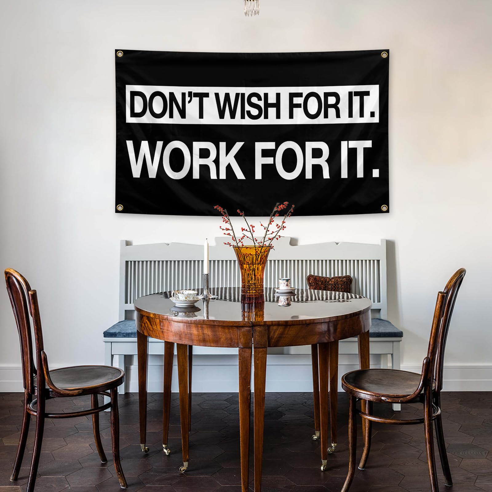 Grind Hustle - Banderas de ejecución de 3 x 5 pies con 4 arandelas de latón Don't Wish For It, bandera de trabajo para dormitorio universitario, estudio, cueva, gimnasio, oficina, dormitorio,