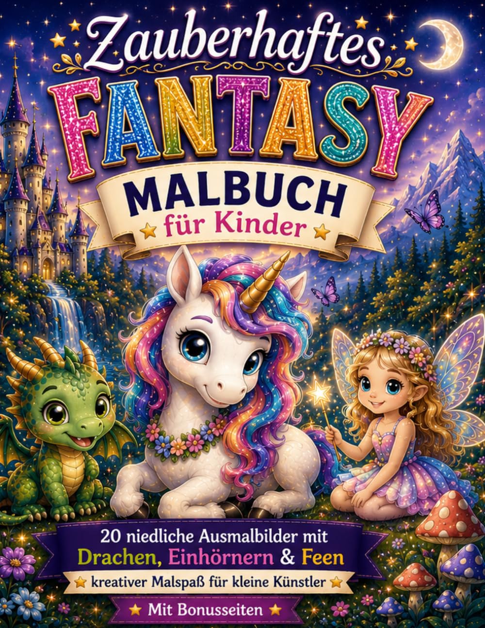 Zauberhafte Fantasy Malbuch für Kinder: 20 niedliche Ausmalbilder mit Drachen, Einhörnern & Feen – kreativer Malspaß für kleine Künstler