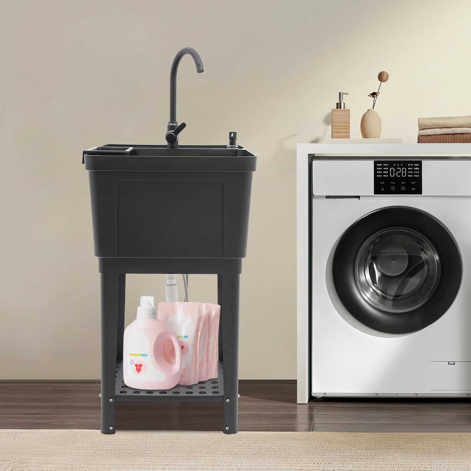 Space Saver Utility Sink with Pull Out Faucet & Soap Dispenser, Freestanding Laundry Tub with Bottom Storage Rack, for Garage, Basement, Laundry Room (Black)