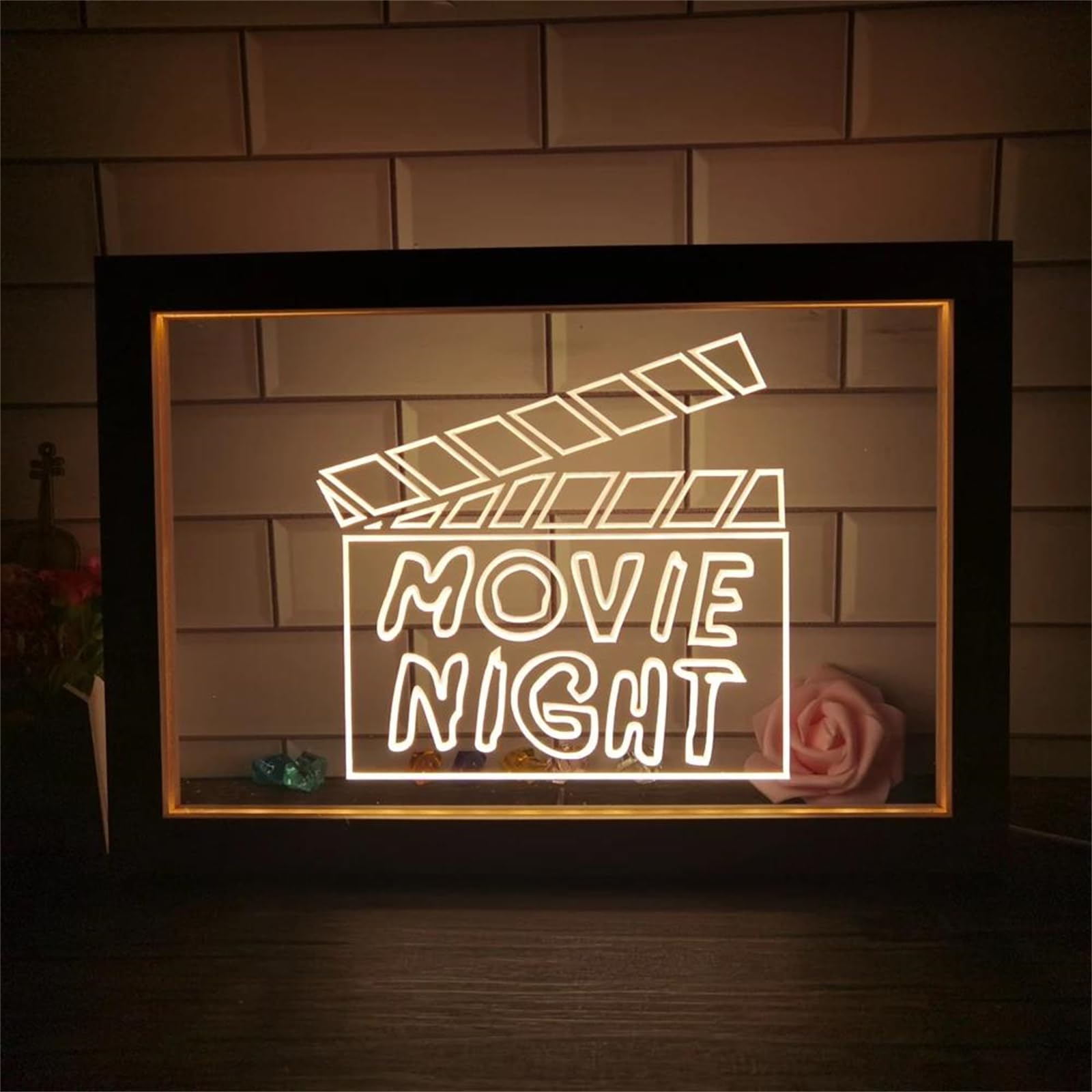 Noche película Marco Fotos Doble Color Letrero neón led Cine Cine Iluminado luz de neón led Dormitorio Bar Club habitación Adolescente Arte decoración Pared Estudio Cine,A,23x17cm