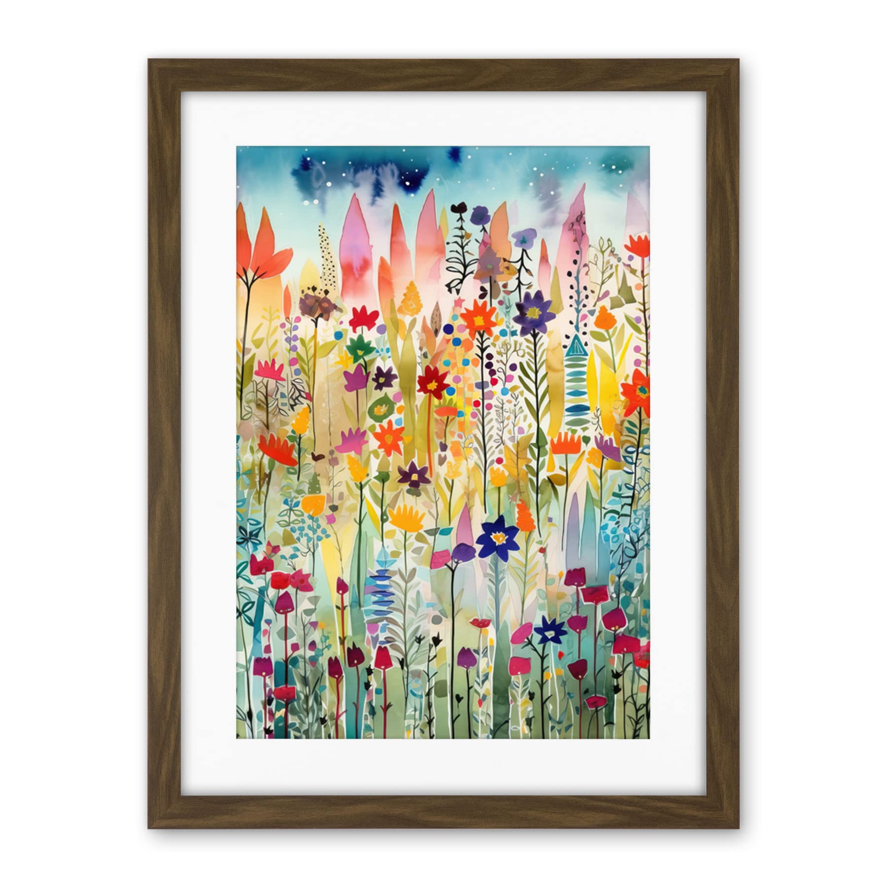 Artery8 Layered Spring Flower Field Folk Art Artwork Framed Wall Art Print 18X24 Inch