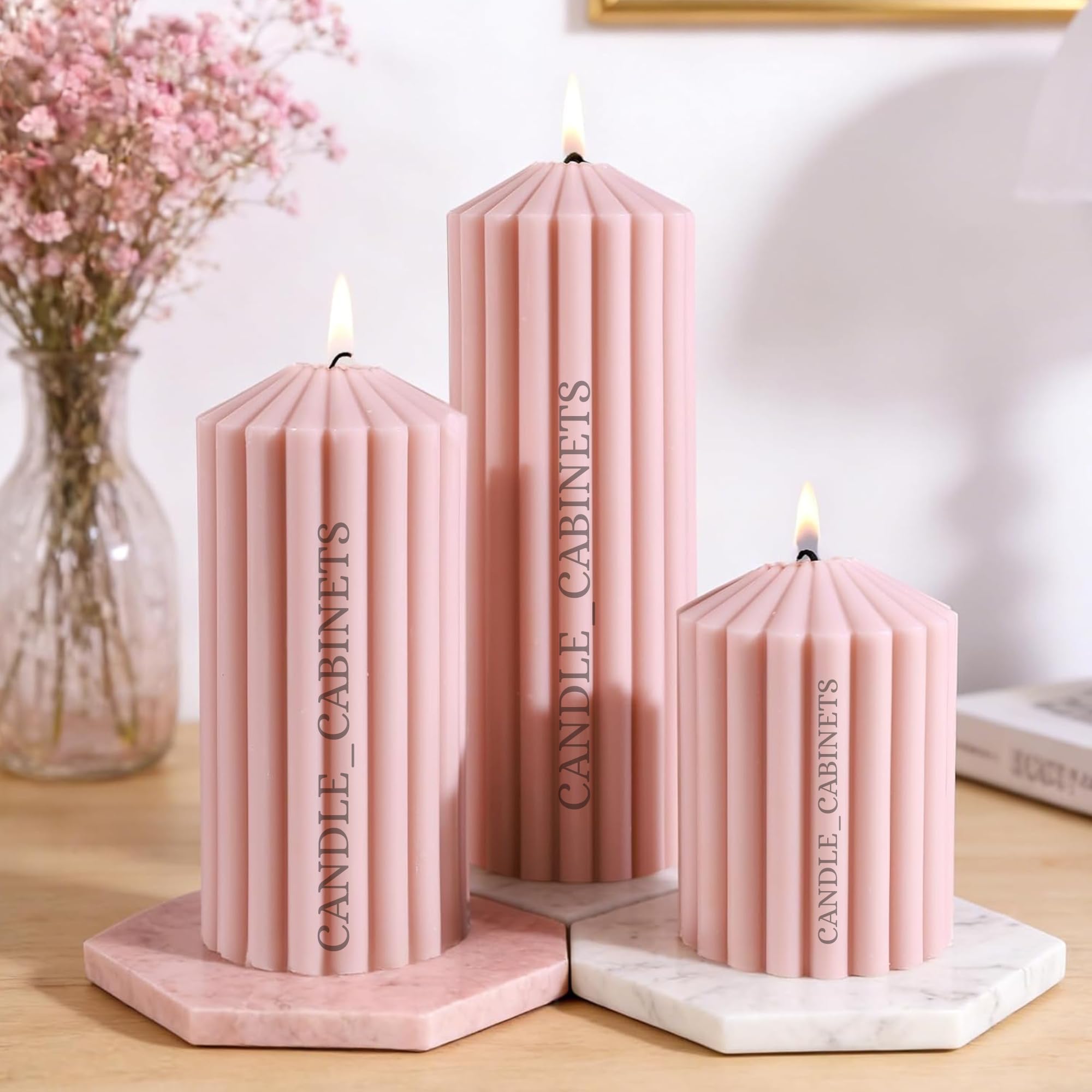 CANDLE CABINETS Ribbed Pillar Candles Set of 3 | Scented Soy Wax | Aesthetic Textured Pillar Decor | Gift for Mother’s Day, Spa, Weddings & Dinner Parties (Size - 2" Wx 3" H) (Pink)-image-13