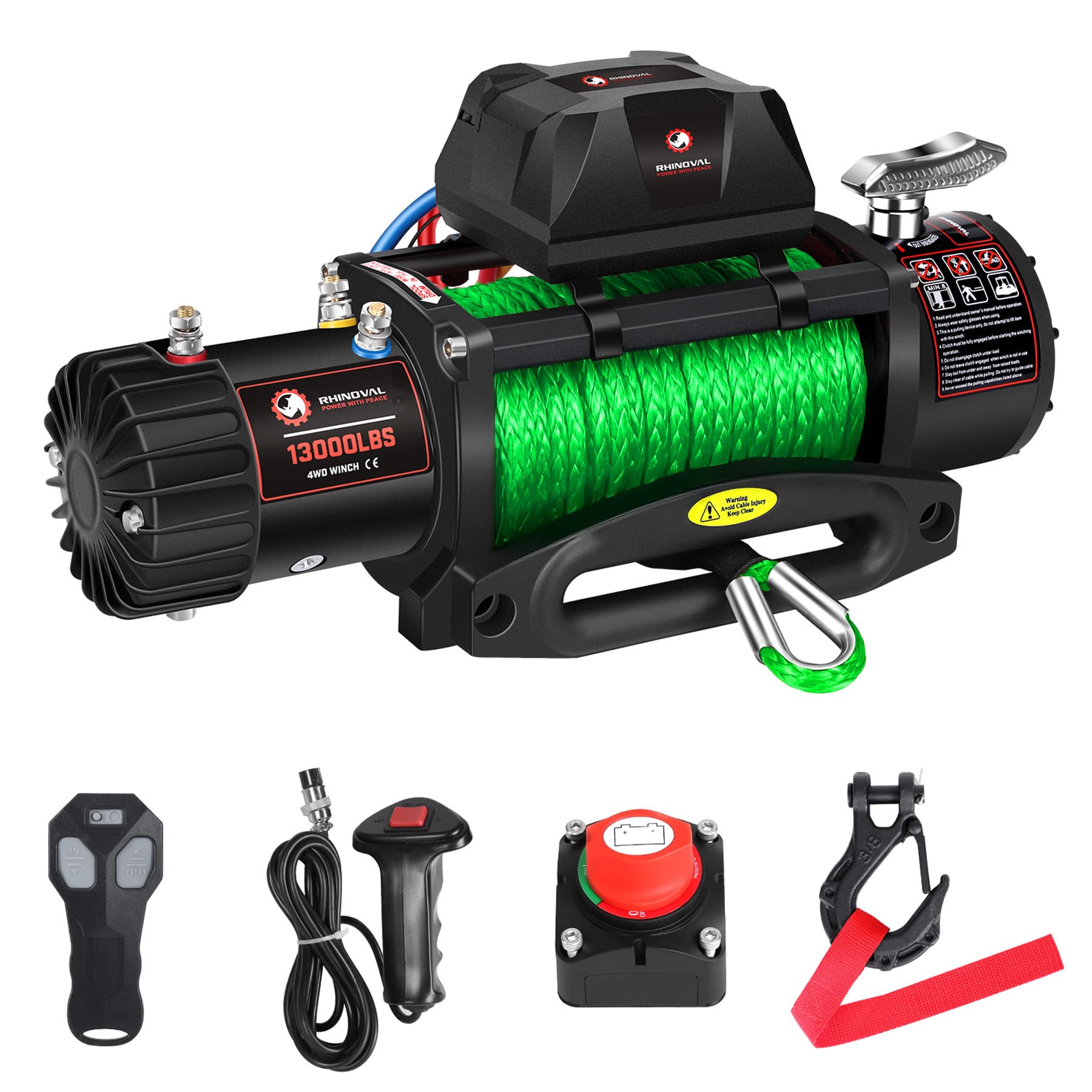 13000lb Electric Winch, Synthetic Rope Green, Battery Disconnect Switch, Low Profile Control Box, 12V, IP67 Waterproof, Wireless Remote, SUV, Truck, Jeep, Boat Trailer. (RH13000A-G)