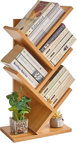 YMYNY Estantería de árbol de 4 niveles, estantería pequeña, estante de almacenamiento de libros de madera moderna, estante independiente para