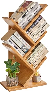 YMYNY 4 Tier Tree Bookshelf, Small Bookcase, Modern Wood Book Storage Rack, Freestanding Book Shelf for Books/Movies/CDs, Narrow Display Rack for Living Room, Home Office, Natural HBC014N