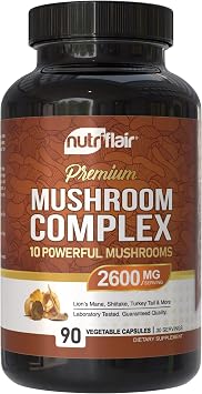 NutriFlair Mushroom Supplement 2600mg, 90 Capsules - 10 Mushrooms Blend - Reishi, Lions Mane, Cordyceps, Chaga, Turkey Tail, Maitake, Shiitake, Oyster Nootropic Formula - Brain, Energy, Focus Pills