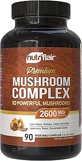 NutriFlair Mushroom Supplement 2600mg, 90 Capsules - 10 Mushrooms Blend - Reishi, Lions Mane, Cordyceps, Chaga, Turkey Tail, Maitake, Shiitake, Oyster Nootropic Formula - Brain, Energy, Focus Pills