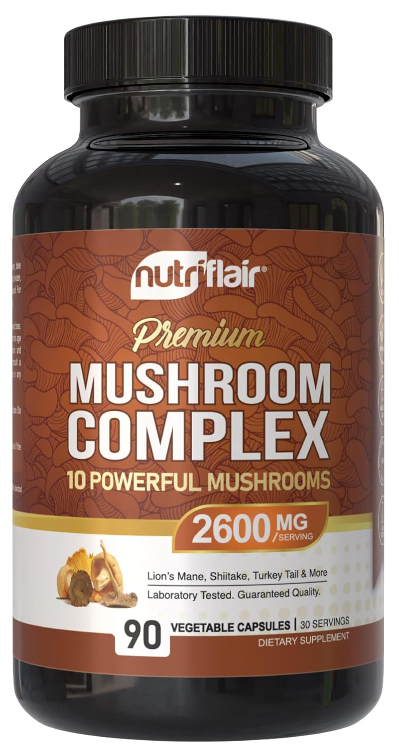 NutriFlair Mushroom Supplement 2600mg 90 Capsules - 10 Mushrooms Blend - Reishi Lions Mane Cordyceps Chaga Turkey Tail