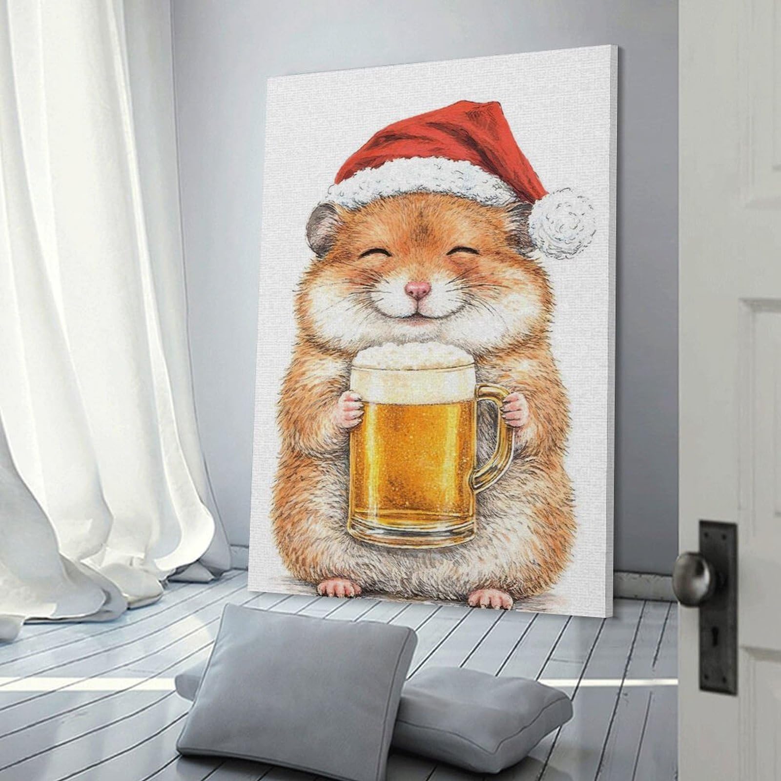 Junmoney Canvas Wall Decor Hamster in Santa Hat with Beer, 08x12inch(20x30cm), for Living Room, Bedroom, Office Or Hallway, Decorative Artwork with Broad Appeal