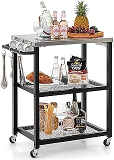 Giantex Outdoor Grill Cart - Movable Pizza Oven Stand with Stainless Steel Top, 2 Storage Shelves, 9 Hooks, Food Prep Cook...