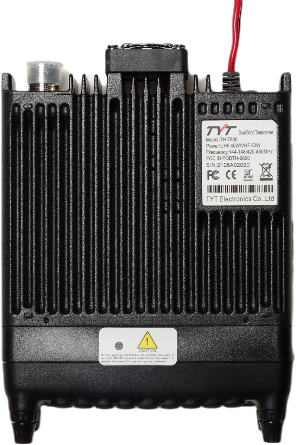Bottom view of the TYT TH-7900 showing product label with model, power, frequency, FCC ID, and serial number.