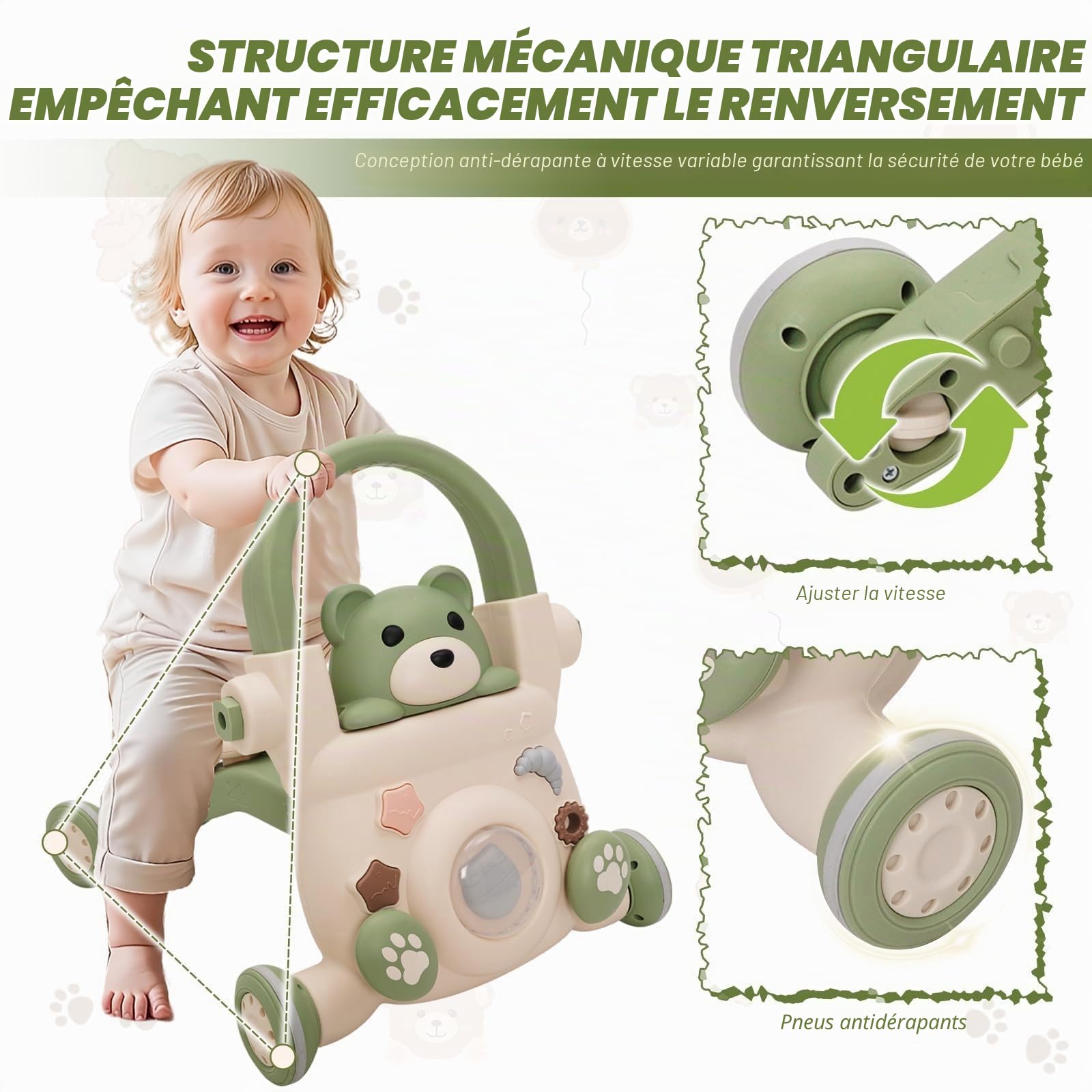 Trotteur Pour Bébé 3 en 1,Musique et Jouets, Trotteur à Vitesse Réglable, Trottinette et Vélo d'équilibre,Contrepoids Réglable,pour Bébé à Partir de 6 Mois