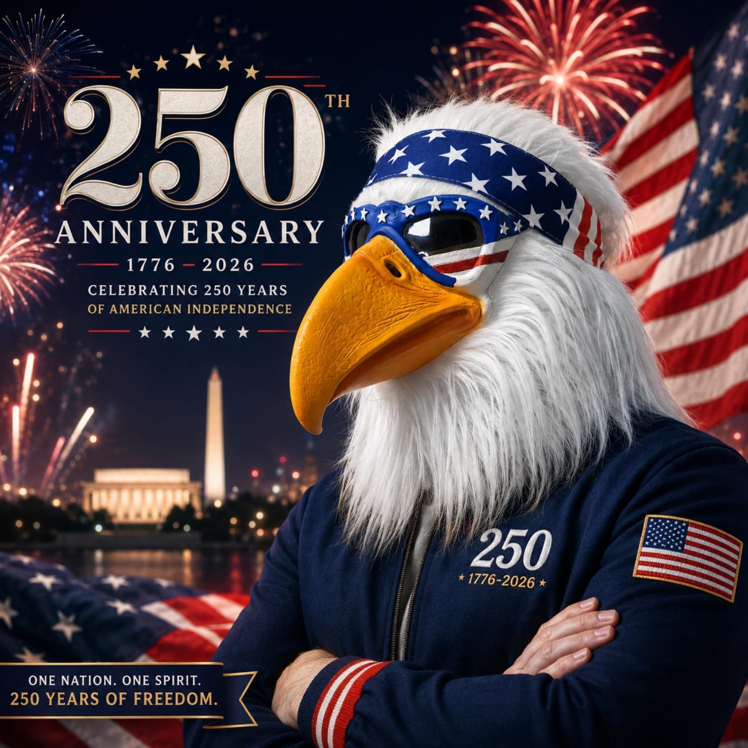 Realistic full-head latex eagle mask with white faux fur, bright yellow beak, and American flag-style headband, suitable for parties, cosplay, Halloween, and themed events.
