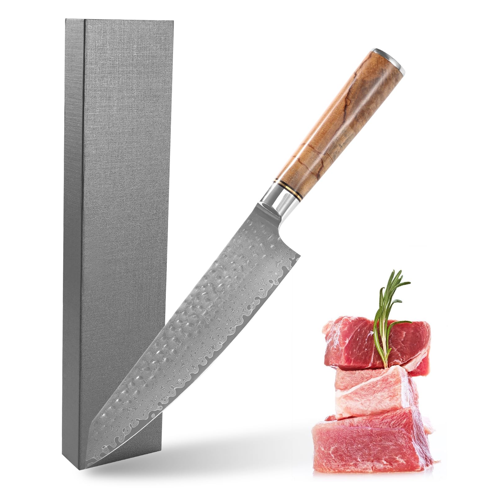 Damascus Japanese Chef Knife 8 Inch Ultra Sharp Cooking Knife Professional VG-10 High Carbon Stainless Steel Kitchen Knife with Ergonomic Solid Wooden Handle & Gift Box