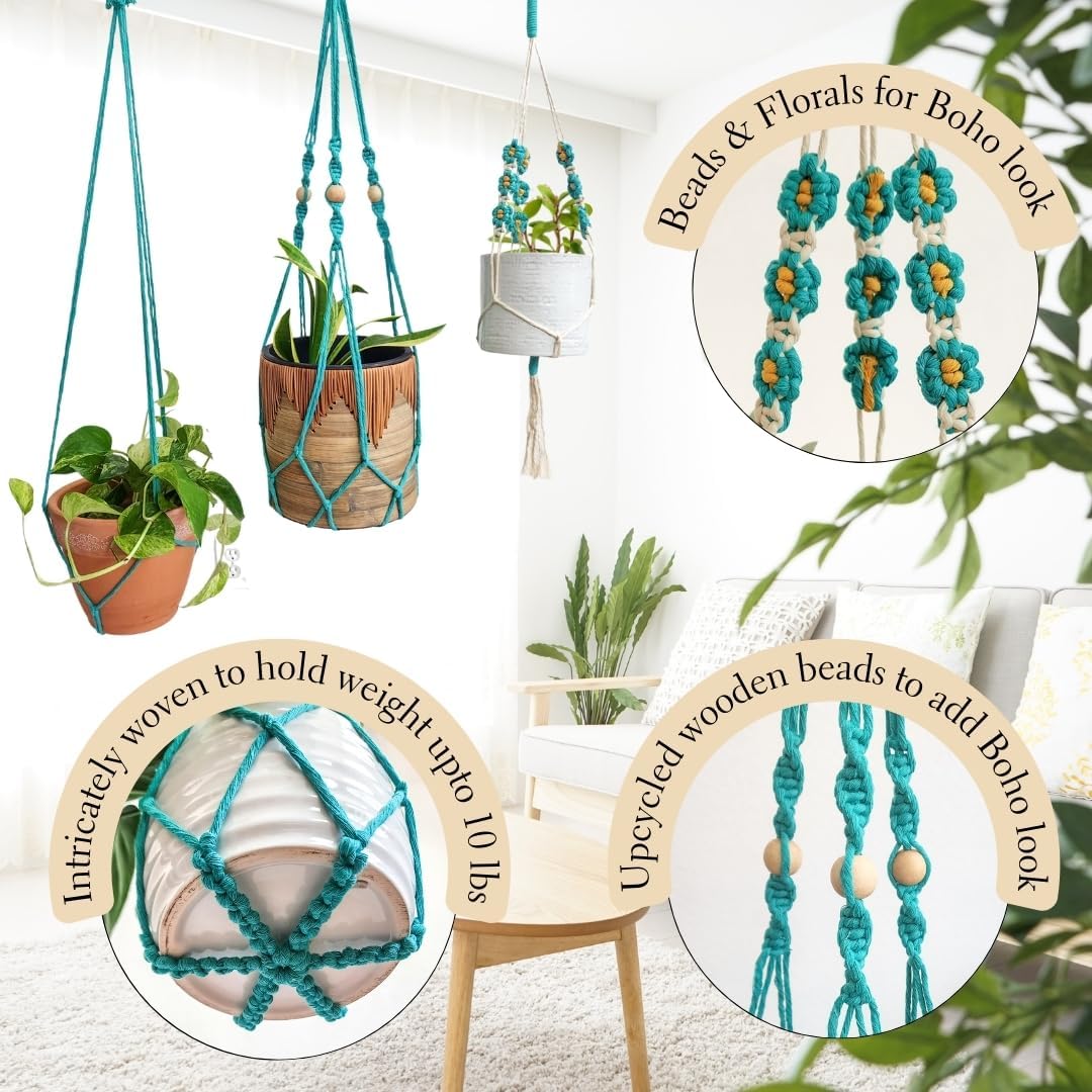 Set of 3 Macrame plant hangers with Daisies & Beads Hanging plant holder Macrame Plant hangers outdoor and indoor hanging planters Plant stand indoor Boho Decor hanging planter stand (Ocean Teal)