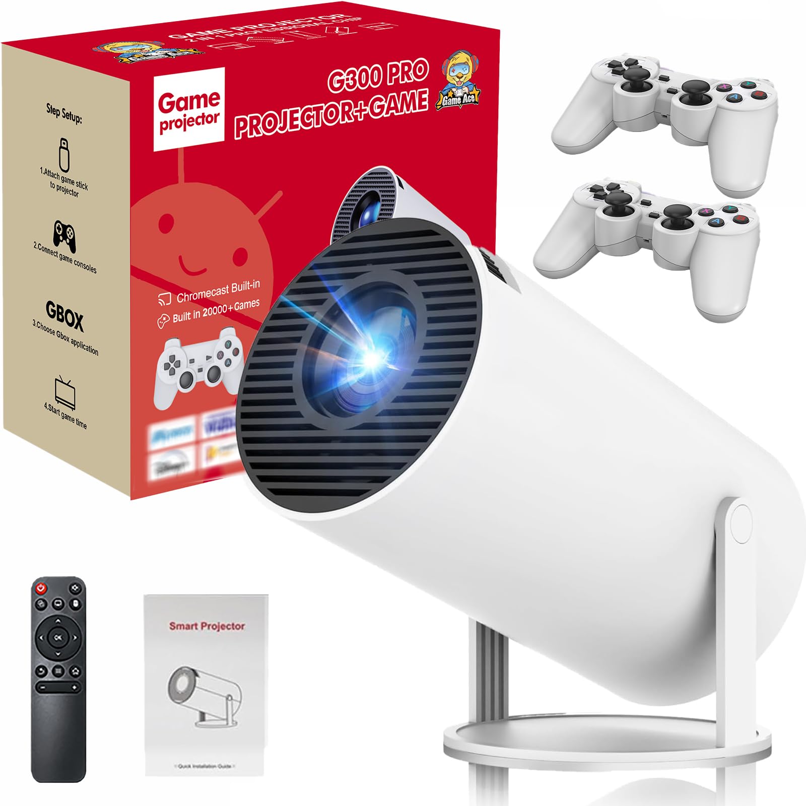 M300 Max Aggiornata, Proiettore per videogiochi, proiettore per giochi, + 2 controller wireless, console per giochi retrò plug and play, 20000 giochi Console per videogiochi retrò 720P