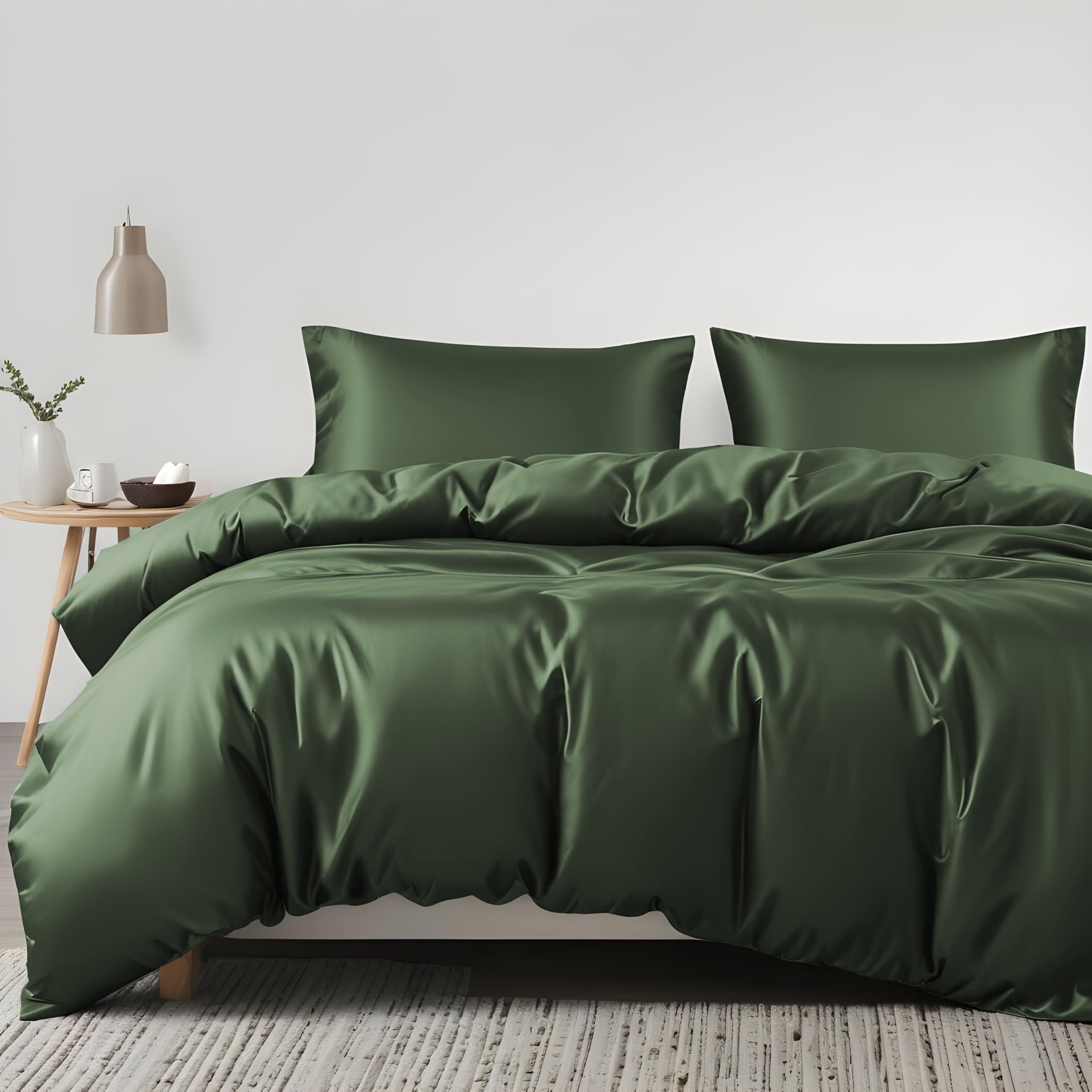 LINENWALAS 100% Tencel Lyocell 3 Pcs Duvet Cover Set- 1 Duvet Cover & 2 Pillowcases Soft, Premium Cooling Eucalyptus Quilt Cover Set (Double, Avocado Green)
