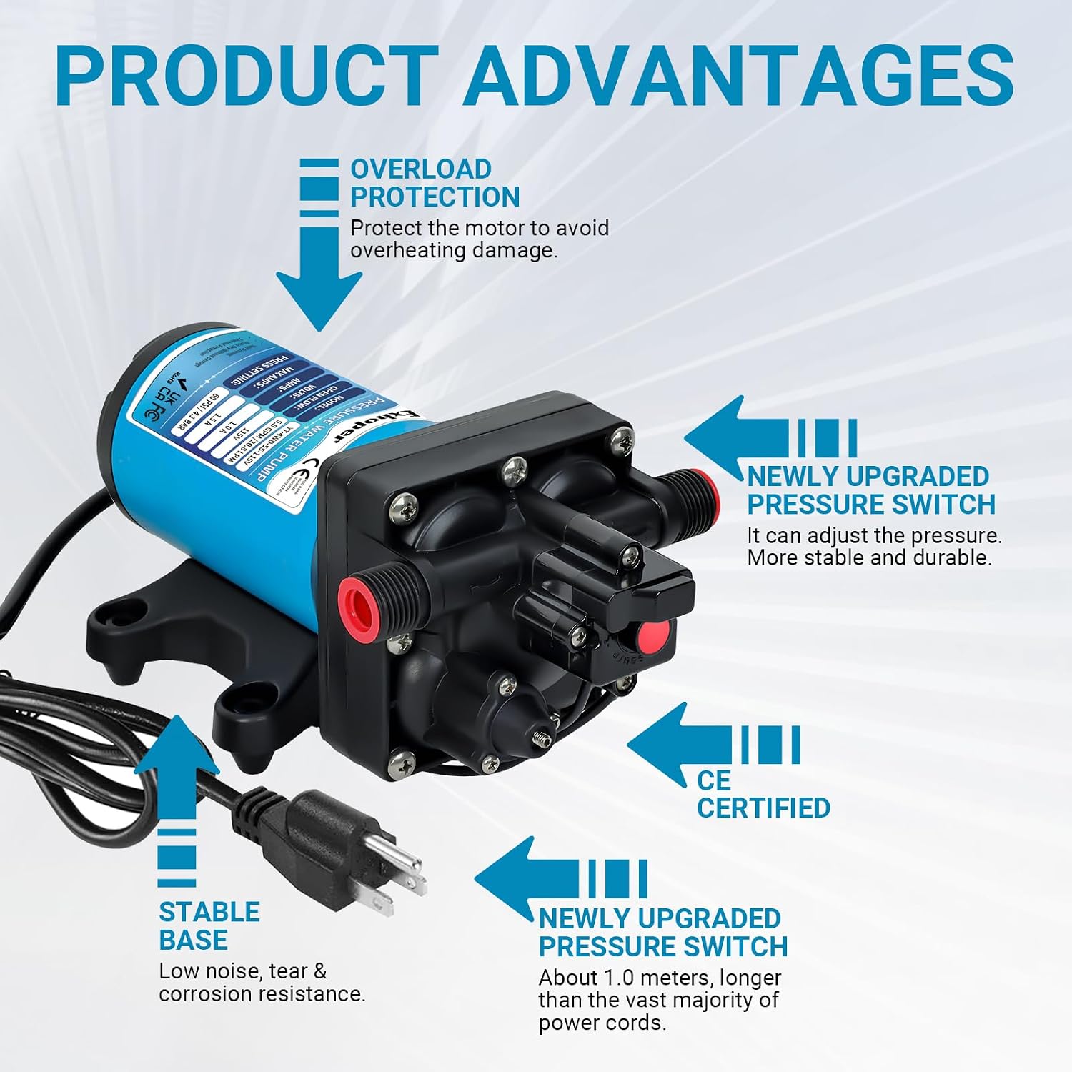 115V AC Fresh Water Pressure Pump - 5.5 Gallons Per Minute 60 PSI Durable 4-Chamber Self-Priming Diaphragm Pump with Pressure Switch & 1/2" NPSM Fitting for Kitchen, Bathroom & Camper