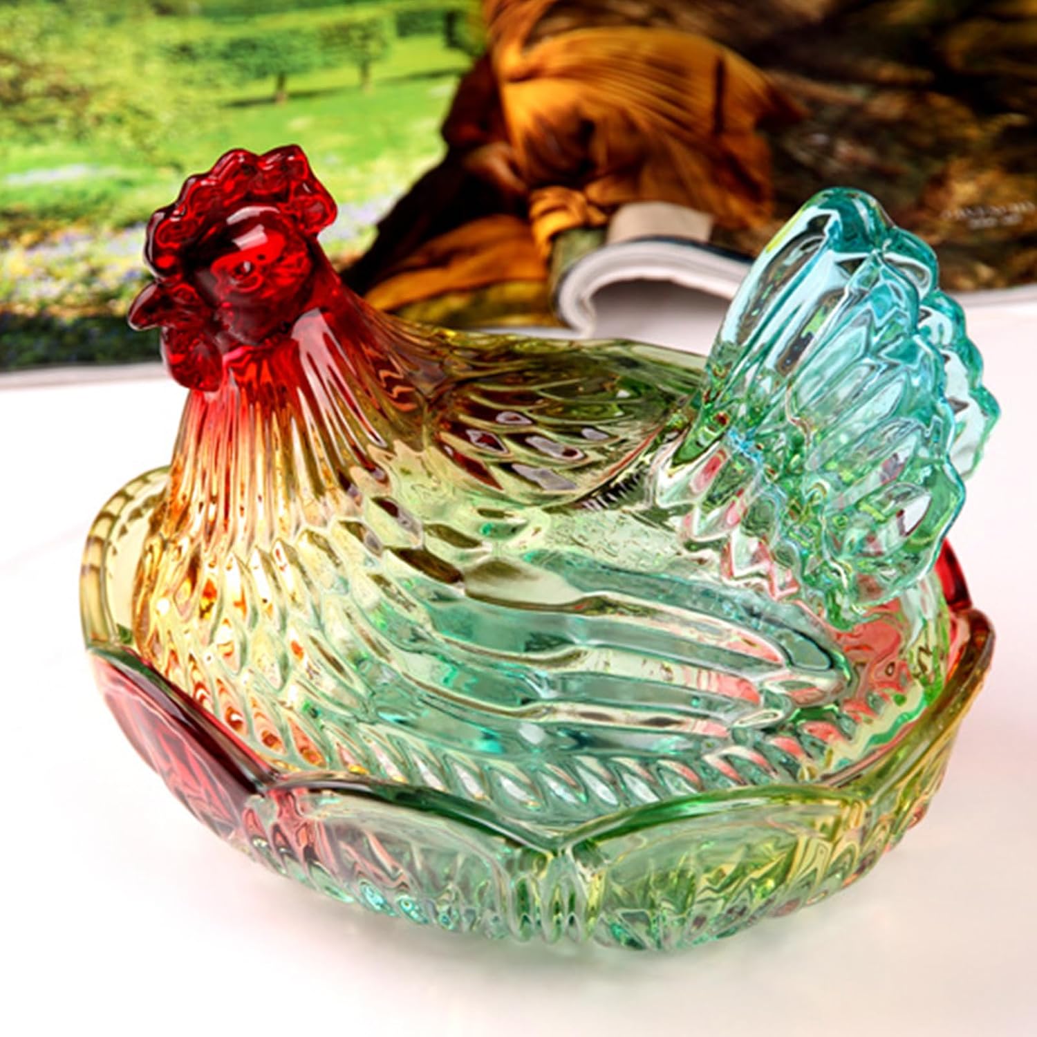 Vintage Glass Hen on Nest Dish with Lid, Large Pedestal Crystal Jar, Multifunctional Server for Snacks Fruits Eggs, Pastoral Tabletop Decor