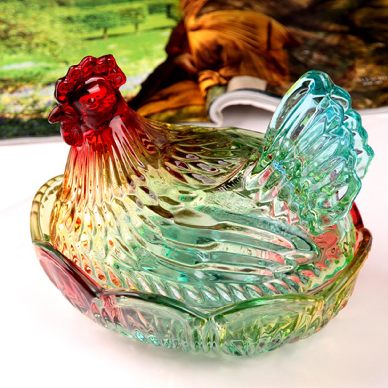 Greabuy Caja de caramelos de cristal para gallina en nido, tarros de dulces con tapa, plato de caramelo, decoración de mesa, plato de postre, plato de regalo de cristal para gallina