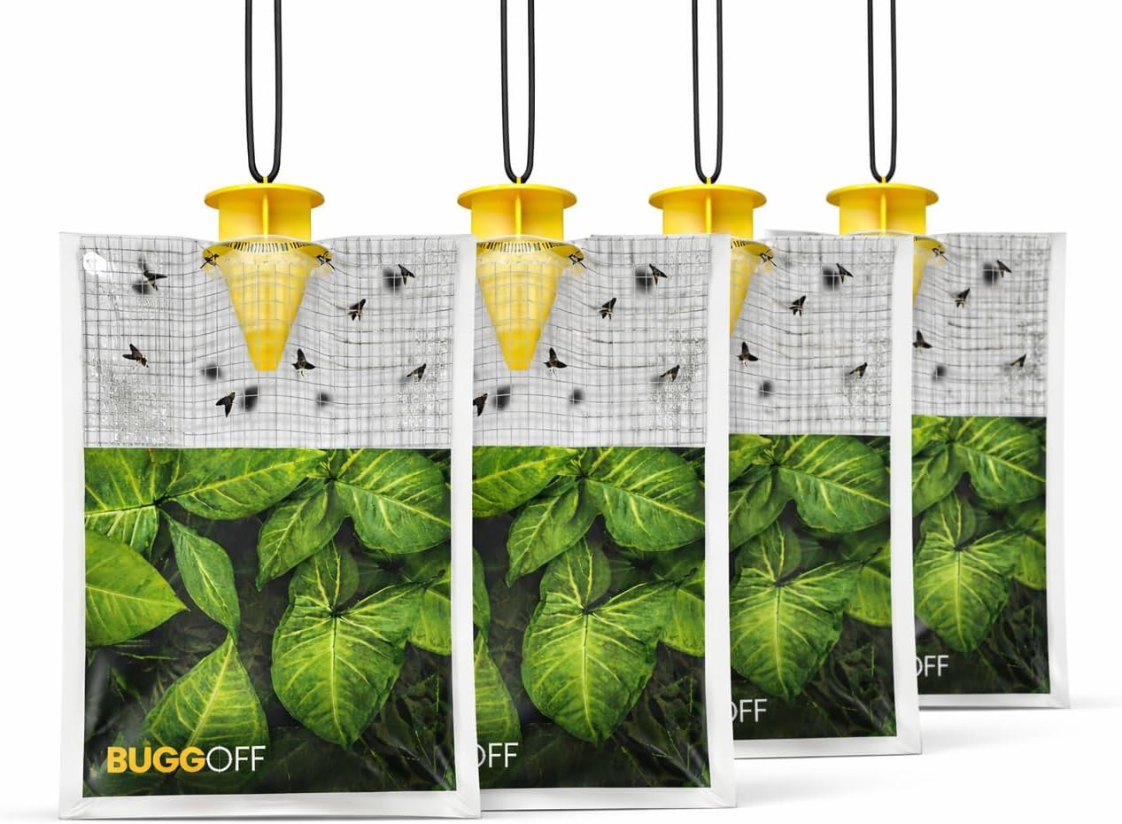 BUGGOFF - 4 Pack Outdoor use only, Disposabe Hanging Fly Traps with Natural Pre-Bait, Catches Flyes everywhere anywhere, Stables, Ranches, Cottages and More. Discrete design, Easy fill and hang setup!
