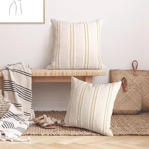 Miniatura 5 de AELS Juego de 2 fundas de almohada decorativas de lino de 22 x 22 pulgadas, fundas de almohada con textura bohemia, color beige con punto blanco y