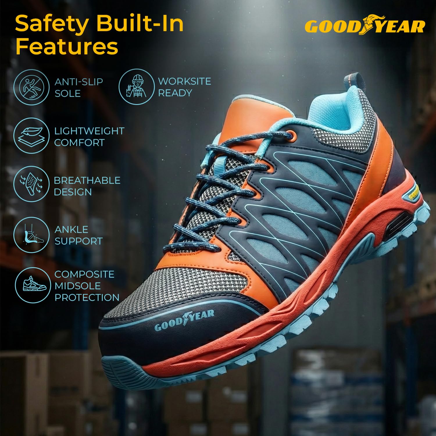 Goodyear Męskie buty ochronne do pracy bez użycia metalu, Pomarańczowy i niebieski, 44.5 EU