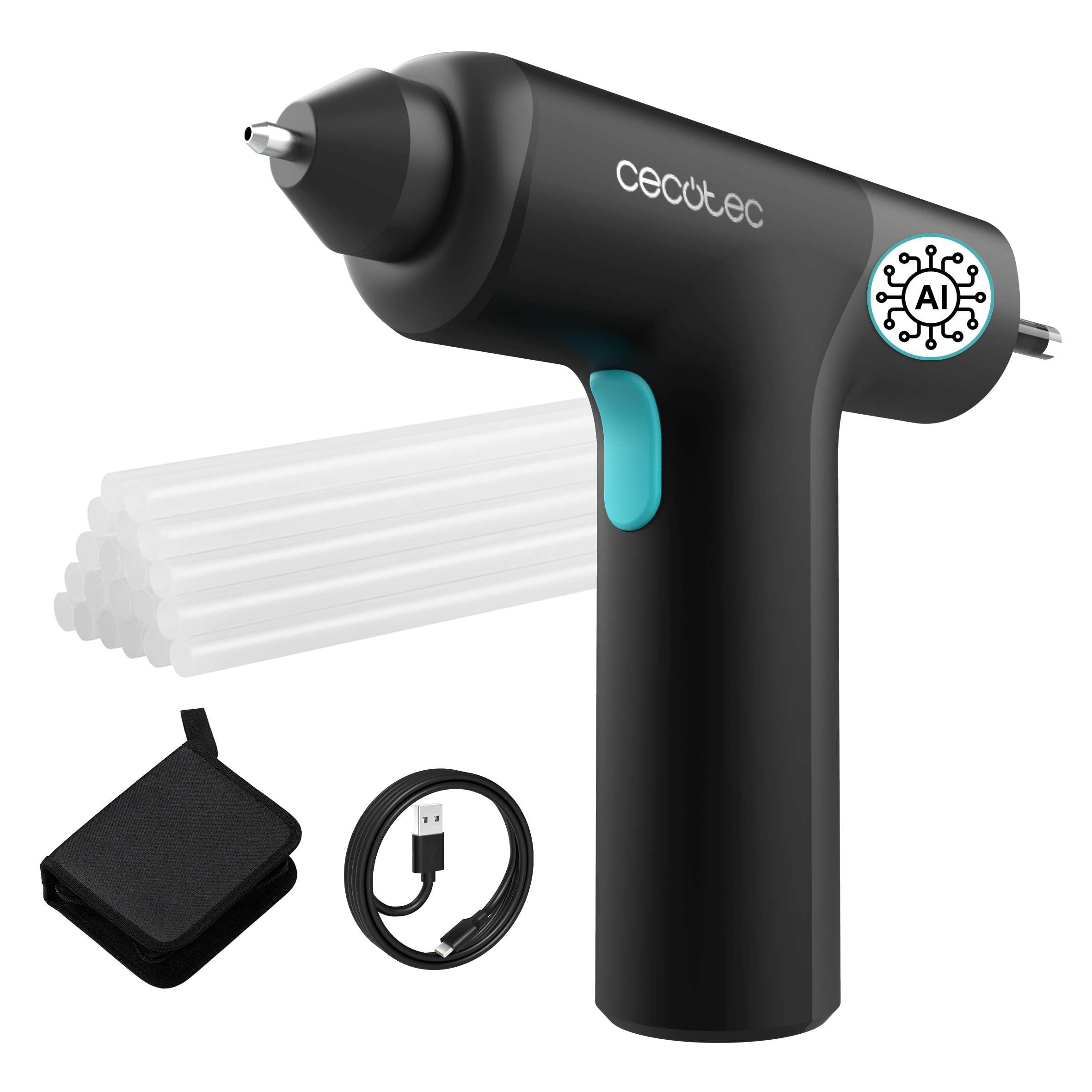 Cecotec Pistola Silicona Caliente Inalámbrica con Batería Integrada 3,6V Perfect Fix 360 FreeStyle. Sistema IA Tech, Calentamiento Ultrarrápido, Incluye Estuche, Protector de Mesa y 20 Barras Silicona