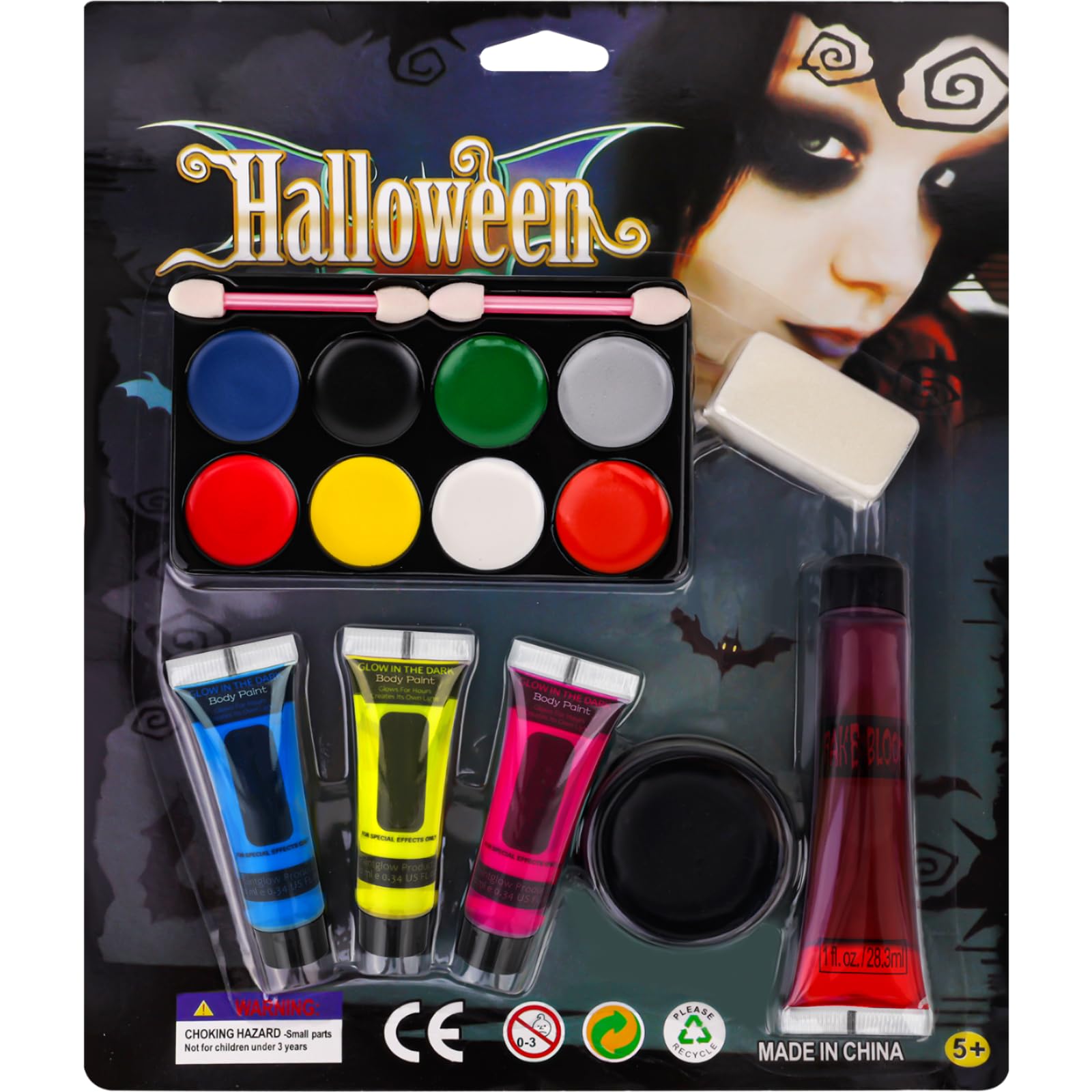 8 Colors Face & Body Paint Palette Kit + 1 Black Cream Face Body Paint + Washable Fake Blood + 3 UV Light Colors, Non-Toxic Hypoallergenic for Halloween SFX Makeup Cosplay Joker Costume Parties