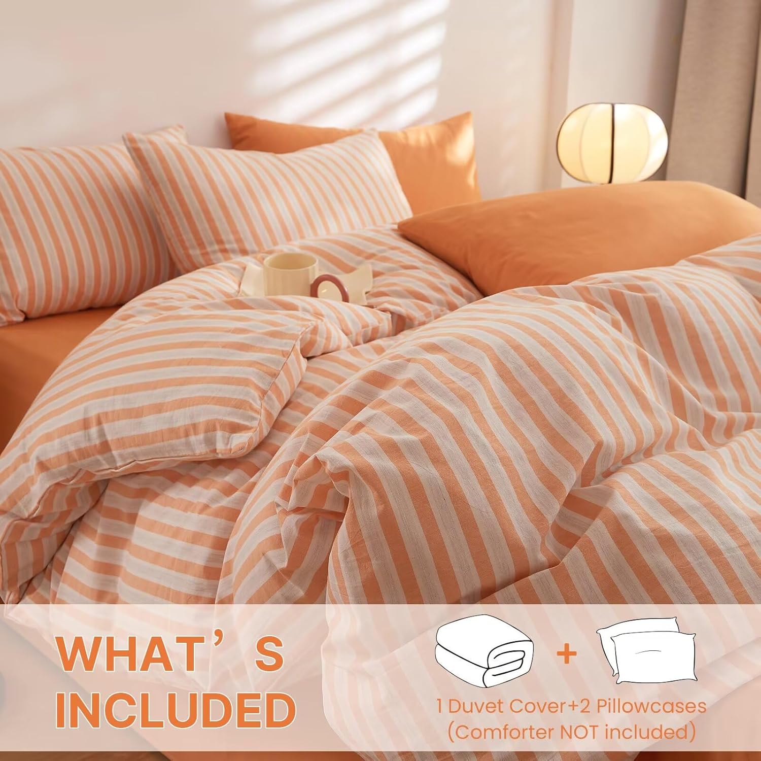 Queen Size 100 Cotton Duvet Cover Set Orange Striped Design,1 Duvet Cover with 2 Pillowcases,Soft Comfy Breathable Bedding Set,Quilt Covers with Zipper Closure Machine Washable 90"×90"