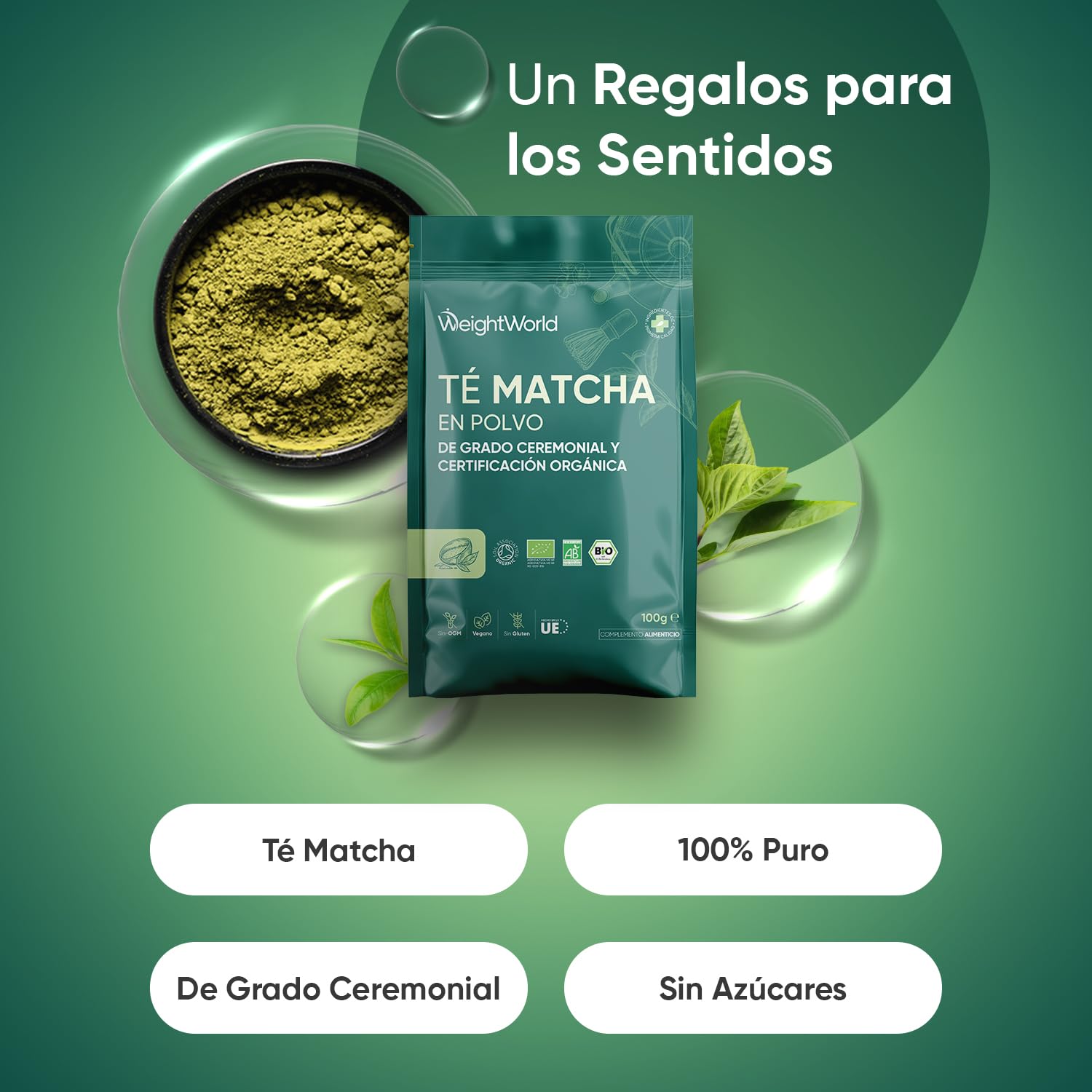 Té Matcha en Polvo Con Certificación Orgánica 100g - Polvo de Té Verde Natural de Grado Ceremonial para Bebidas como Matcha Latte, Postres o Batidos - Apto para Veganos y Sin Gluten