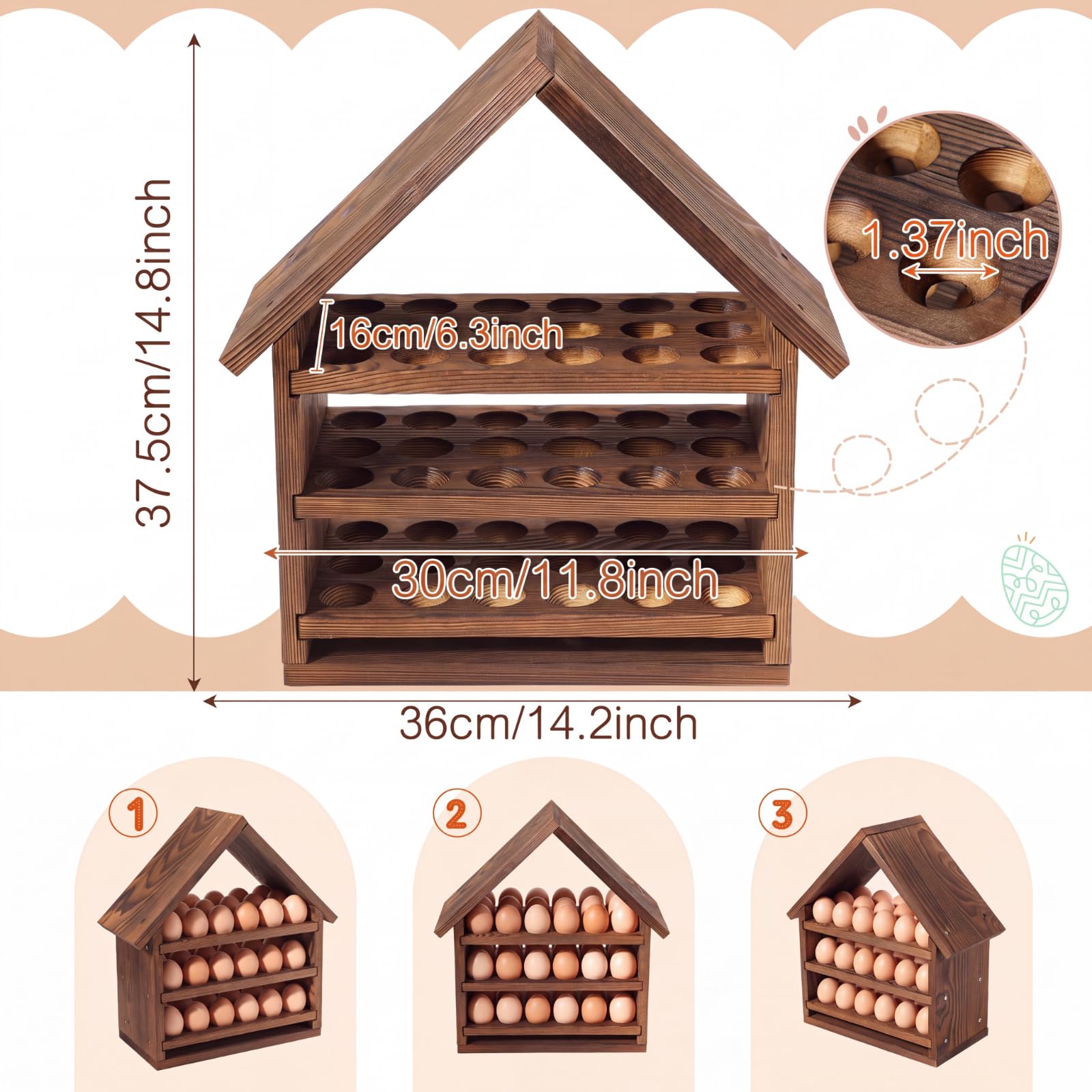 Remerry Soporte para huevos de madera para encimera, 3 niveles, forma de casa, almacenamiento de huevos frescos, cesta extraíble para el hogar, sala de manualidades, granja, cocina, mostrador
