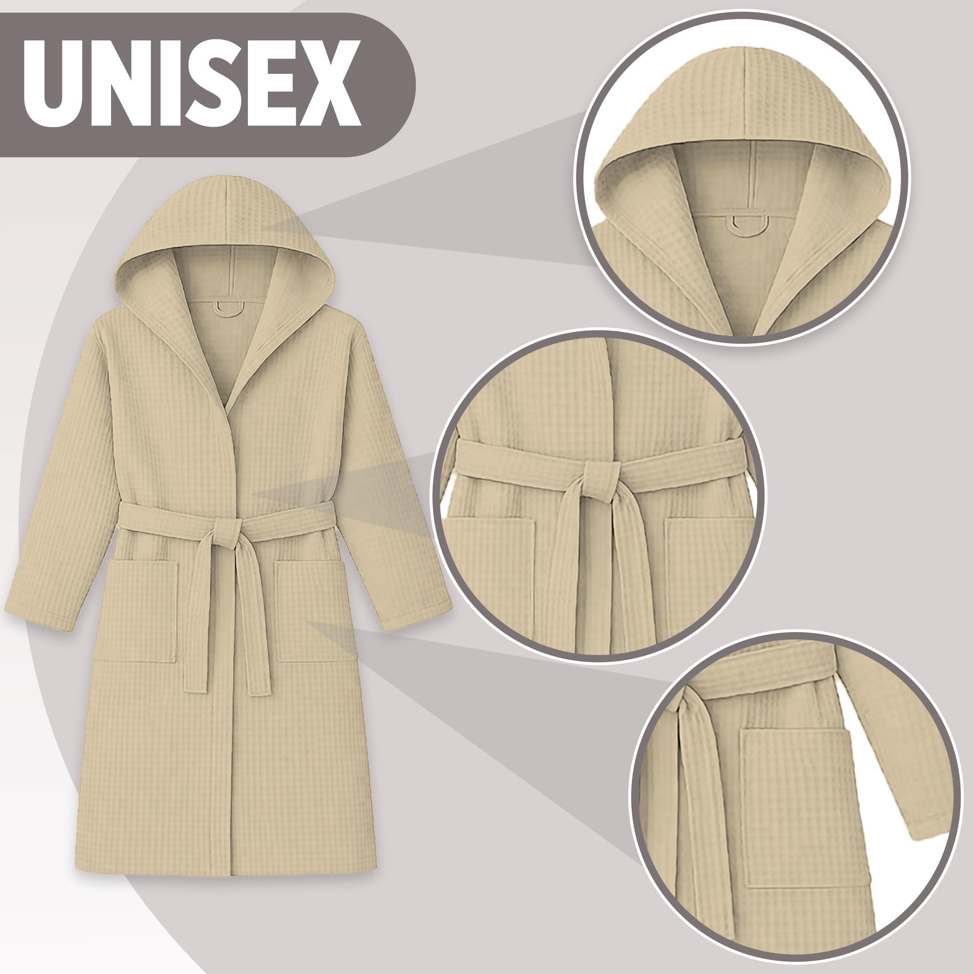Accappatoio Nido d’Ape Unisex in cotone Uomo Donna con Cappuccio, Cintura e Tasche – Leggero, Assorbente, Traspirante – Ideale per Casa, Piscina, Palestra, SPA e Viaggi