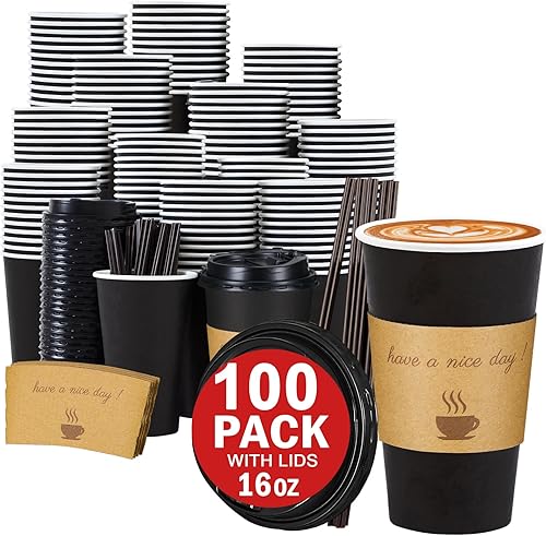 Miniatura 9 de Lamosi Paquete de 50 tazas de café de 16 onzas, tazas para llevar de 16 onzas con tapas, palitos y mangas, tazas de café desechables de 16 onzas,