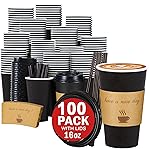 Lamosi 16 oz Coffee Cups with Lids 100 Pack, 16 oz Disposable Coffee Cup with Stir Sticks and Sleeves, To Go Hot Paper Cup for Home, Travel, Office