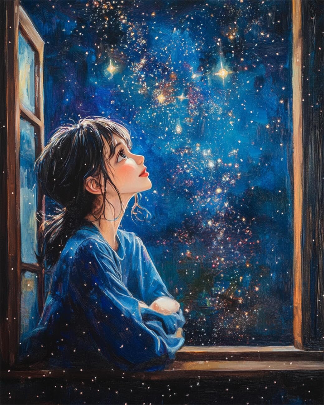 RKFLGEW 14CT Stamped Cross Stitch Kits Starry Sky Scenery and Girl Embroidery Kit for Beginners Adult DIY Cross Stitches Needlepoint Set Home Decoration 40x50cm