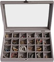 DispJewel Women's 24 Grid Velvet Ring Earrings Jewellery Box Display Storage Showcase Holder Organiser Grey Model-DJ022